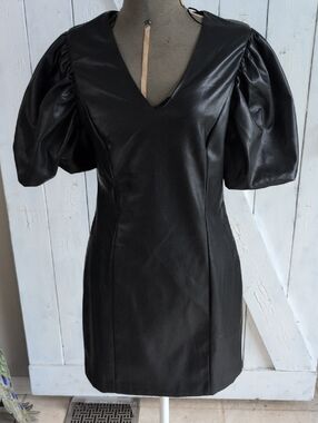 Vegan Leather Puff Sleev Mini Dress